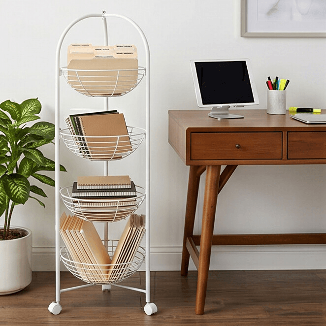 Metal Storage Cart with Four Tiers and Wheels - White 4