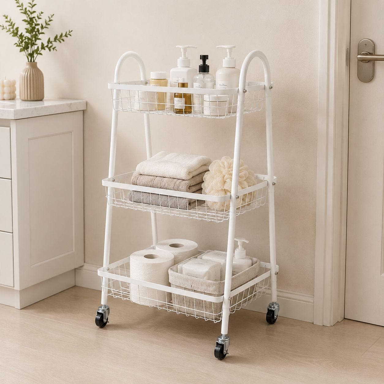 Metal Organizer Cart with Three Mesh Shelves and Wheels – 41×38×79 CM - White