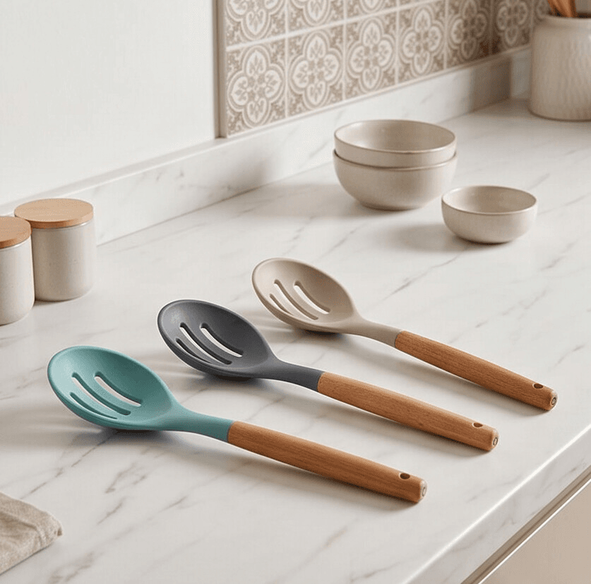 Slotted Silicone Serving Spoon with Wooden Handle (32×6.5 cm)