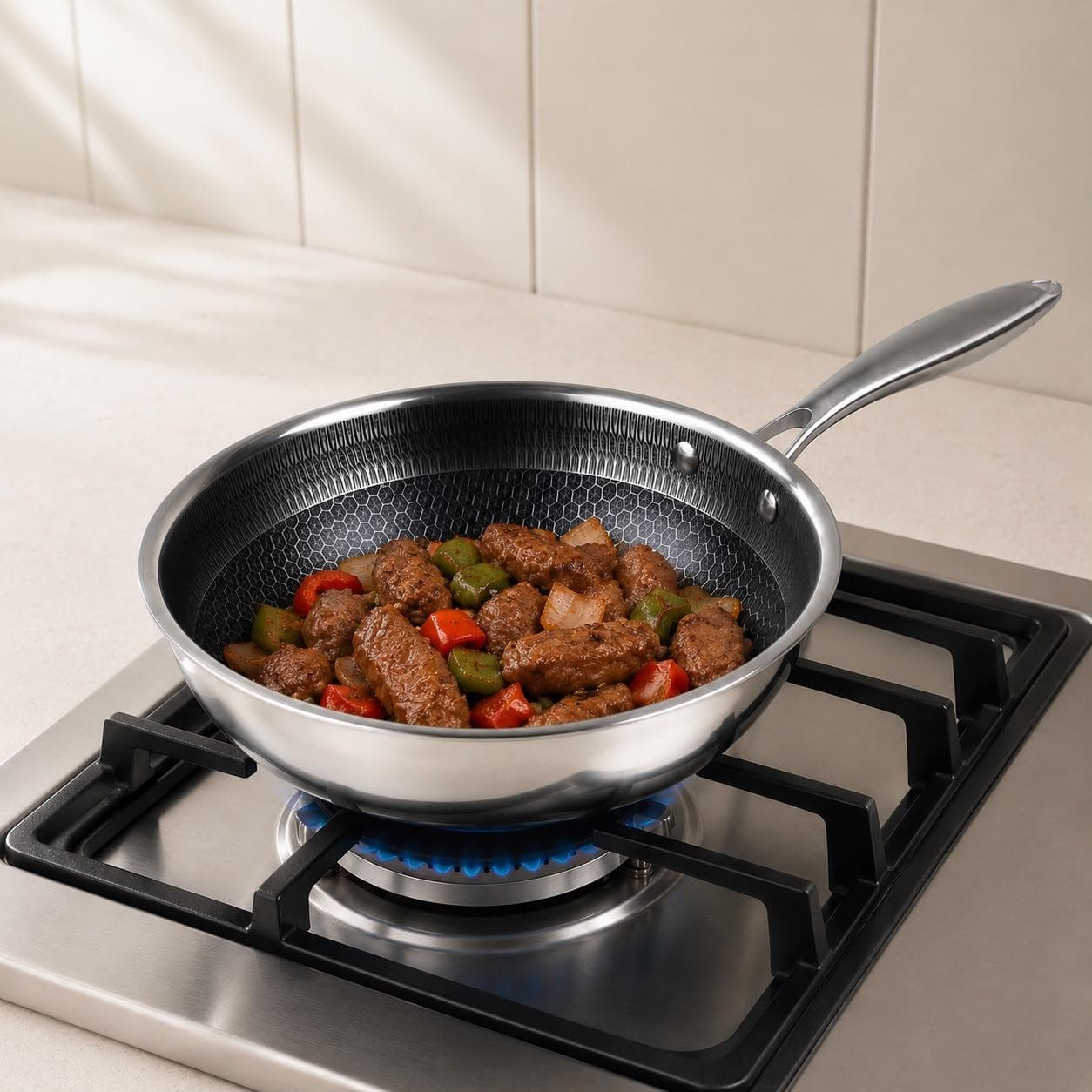 Tri-Ply Stainless Steel Frying Pan, No Lid - Suitable for Frying and Cooking