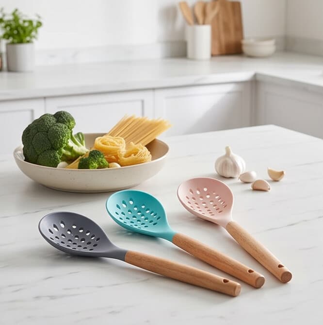 Silicone Strainer Spoon with Wooden Handle (32×8.5 cm)