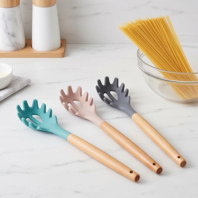 Silicone Pasta Spoon with Wooden Handle (32x6 cm)