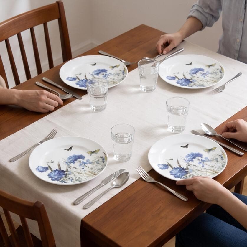 White Porcelain Plate Set - Blue Floral & Butterfly Design - 6 Pieces 4