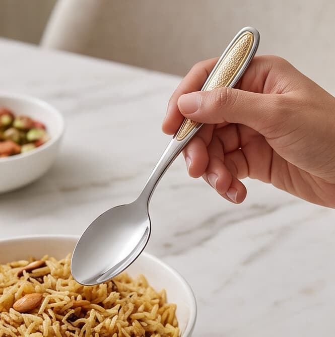 Gold Table Spoon Set (6 Pieces) with Elegant Decorated Handle - Suitable for Serving and Daily Use
