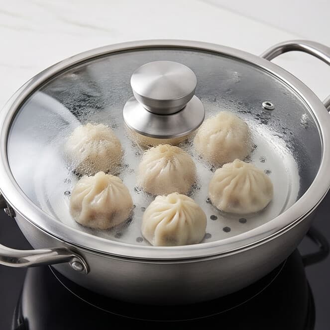 Stainless steel pan with side handles and lid, size 22 × 7 cm, suitable for light cooking. 5