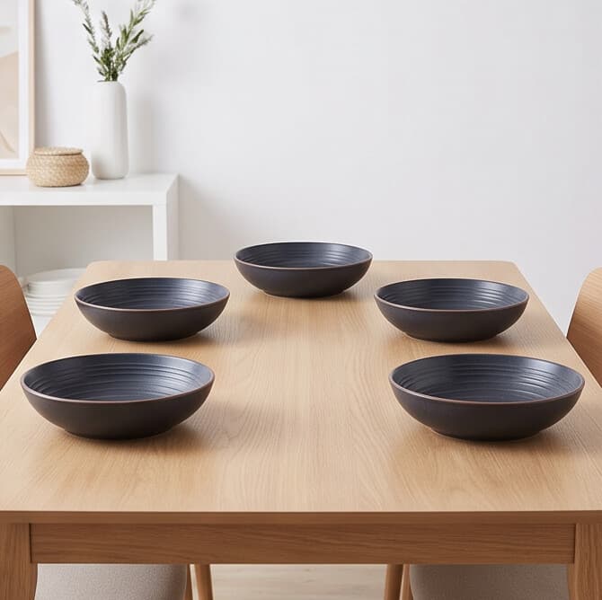 Matte Gray-Blue Ceramic Bowl with Brown Rim 3