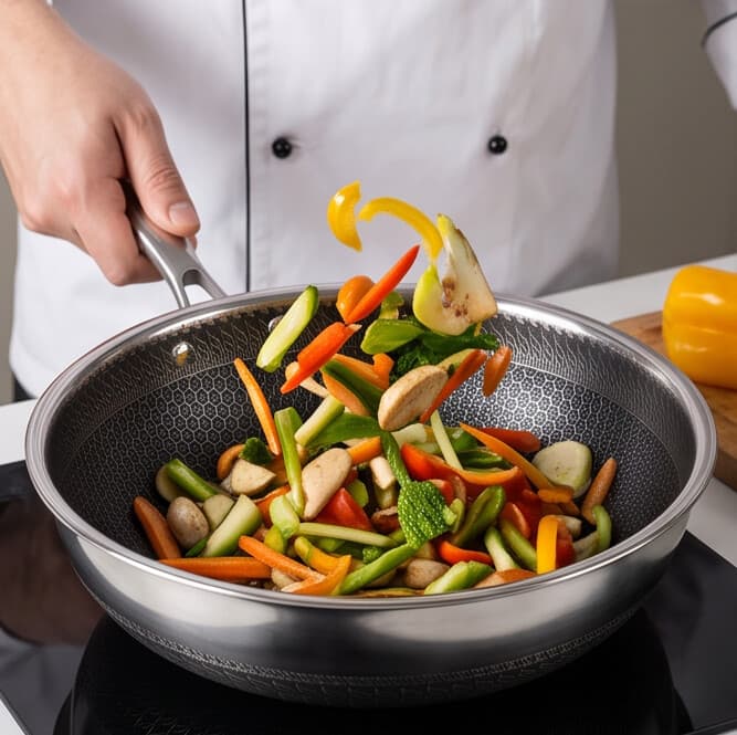 Tri-ply stainless steel pan with lid and glossy finish, 3.1L capacity, size 30 × 8.5 cm. 6