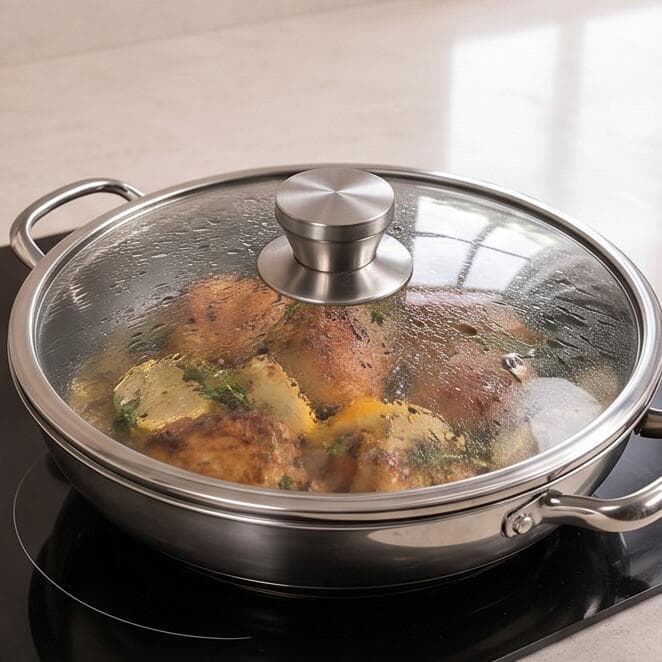 Stainless steel pan with side handles and lid, size 28 × 8 cm, suitable for daily cooking. 3