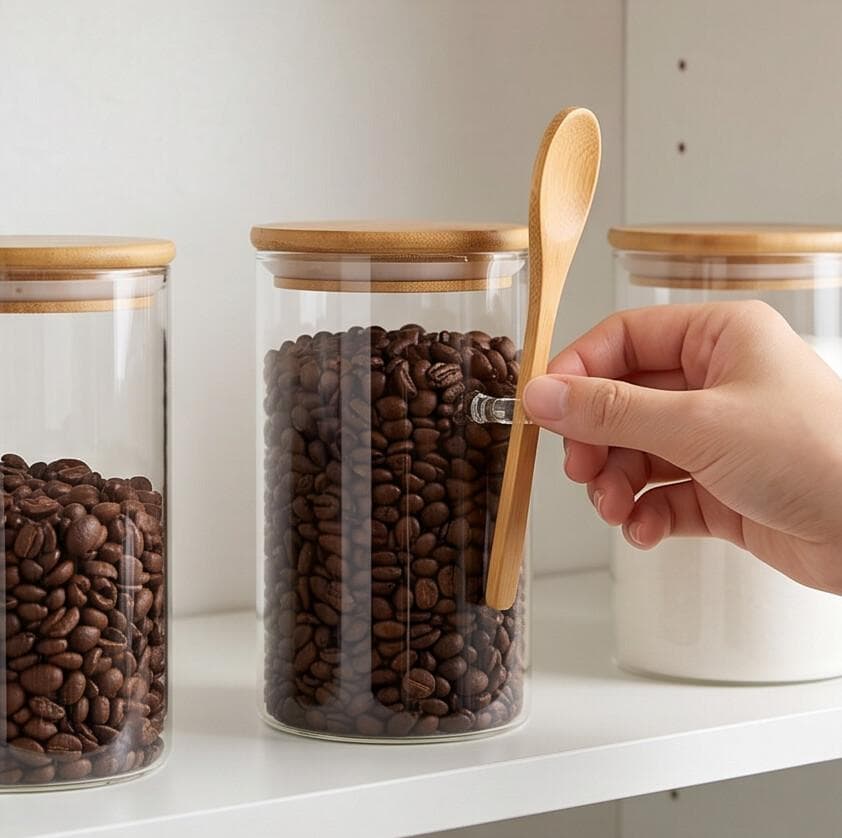 Clear Glass Airtight Storage Jar with Bamboo Lid and Wooden Spoon for Food and Spices – Size 8.5×18 cm

 4
