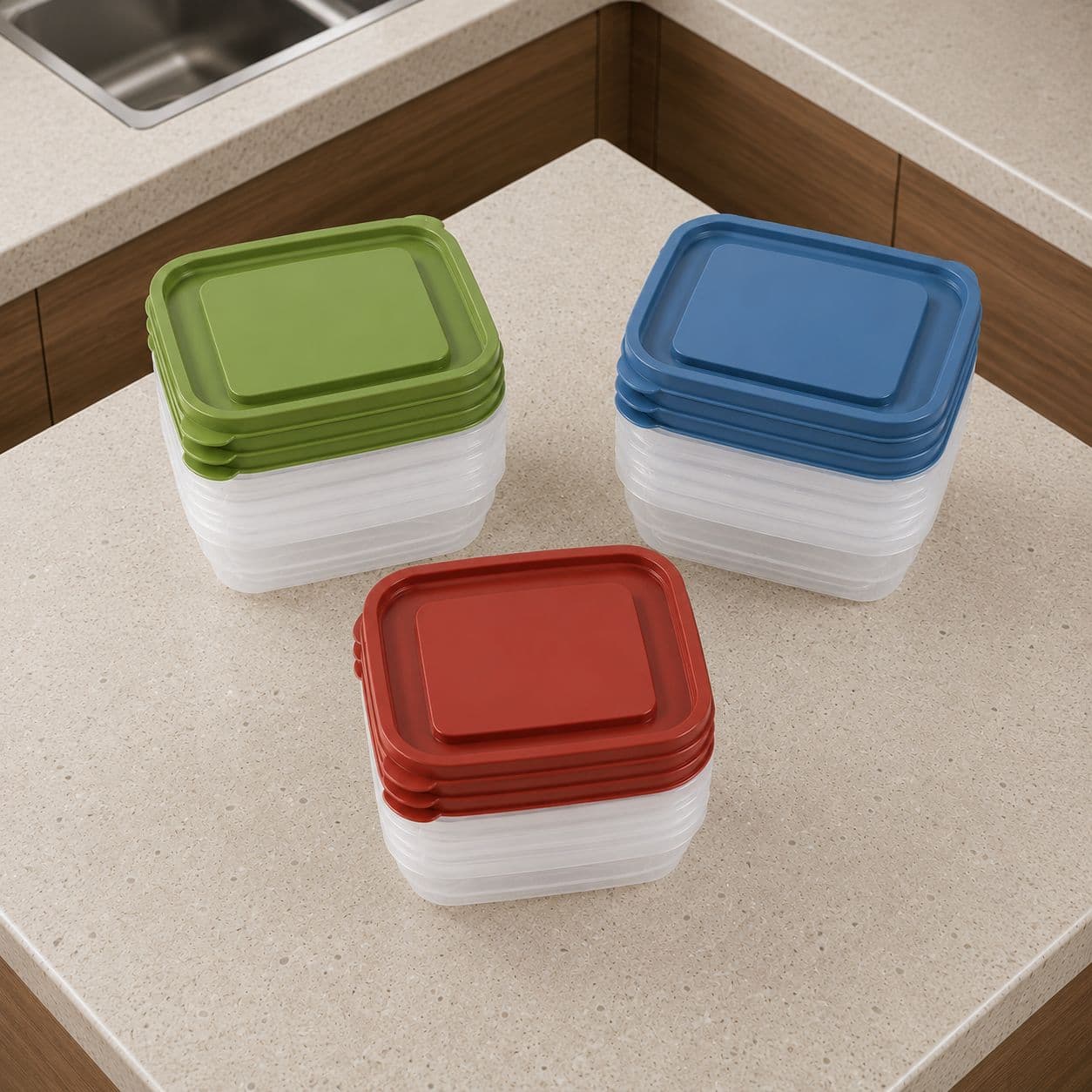 Clear Plastic Food Storage Container Set with Colored Lids (3 Pieces) - Green 3
