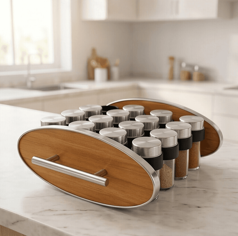 Rotating Spice Organizer Base - Stainless Steel with Wooden Base