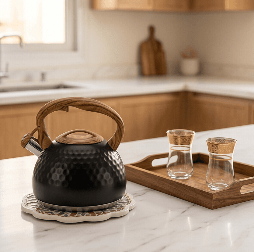 Black Water Kettle with Elegant Wooden Handle 2