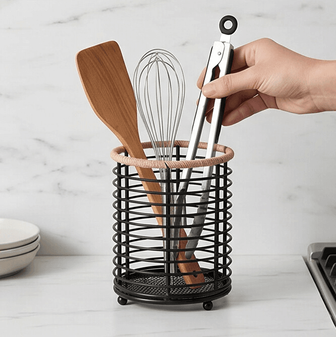 Cylindrical Metal Cutlery Holder with Rope Rim Black 6