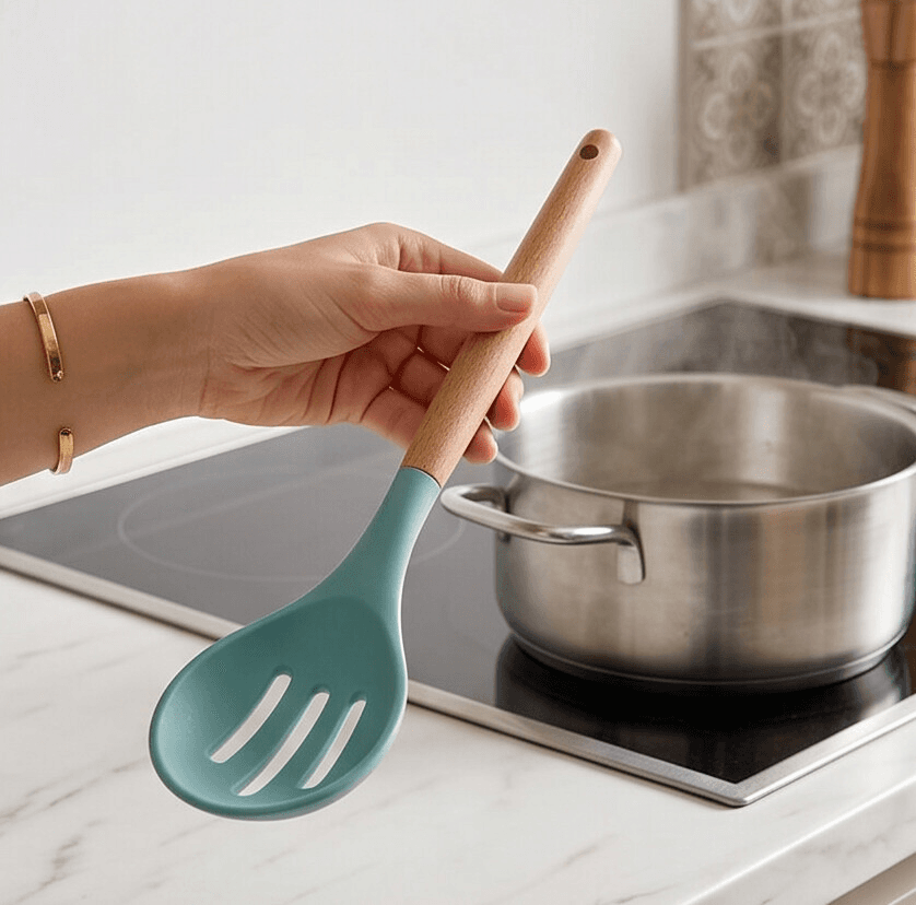 Slotted Silicone Serving Spoon with Wooden Handle (32×6.5 cm) - Sky Blue 1
