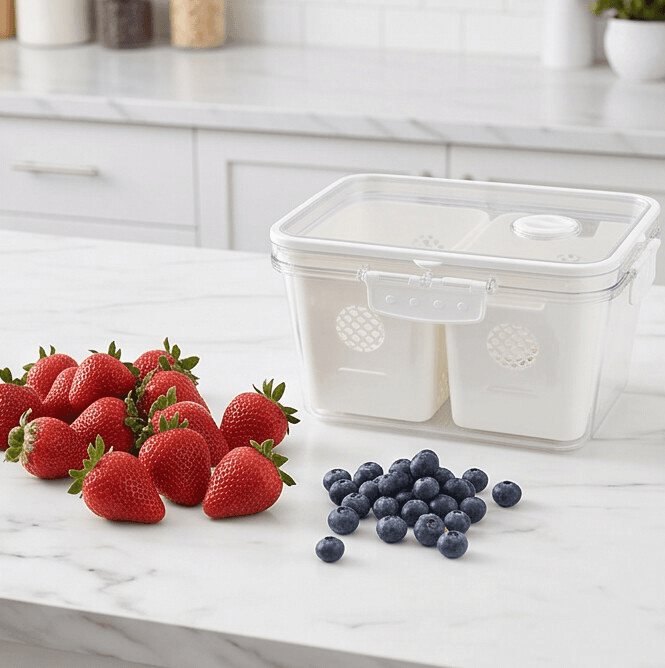 Clear 2-Compartment Food Storage Container with Foldable Carry Handle and Drain Tray 3