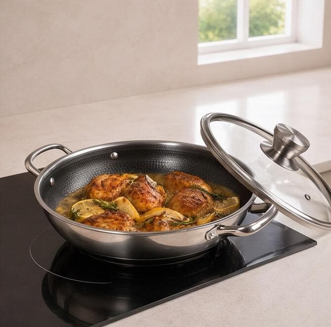 Stainless steel pan with side handles and lid, size 28 × 8 cm, suitable for daily cooking. 2