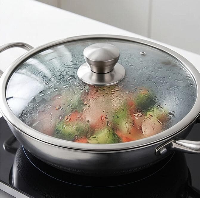 Stainless steel pan with side handles and lid, size 26 × 8 cm, suitable for everyday cooking.
