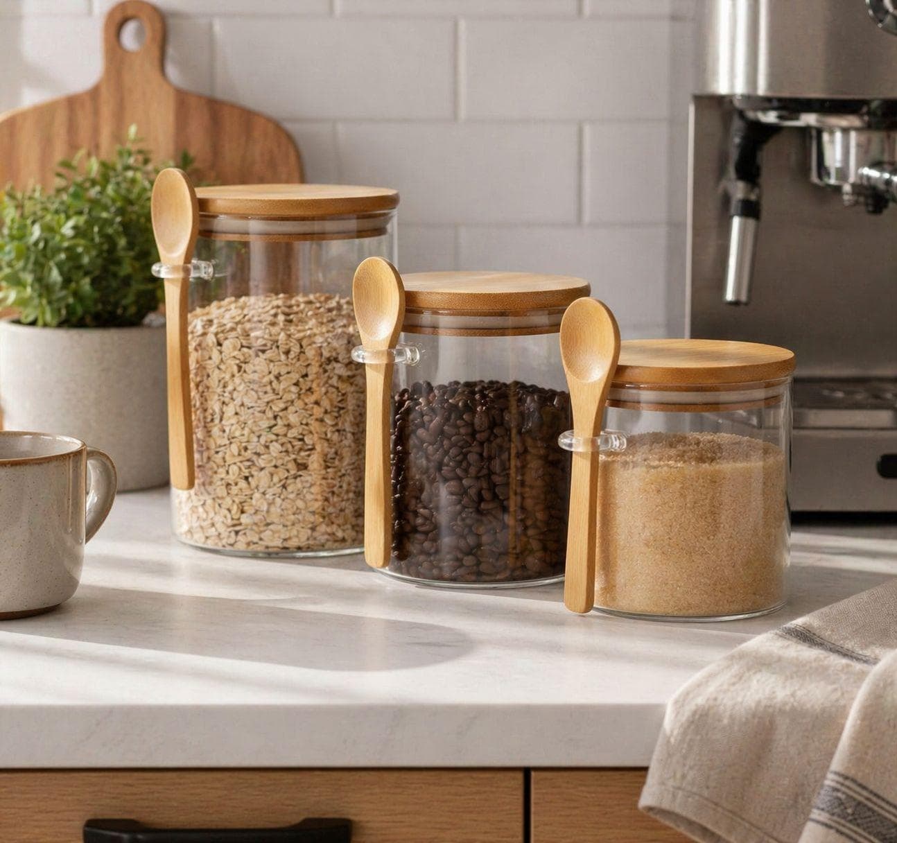 Clear Glass Airtight Storage Jar with Bamboo Lid and Wooden Spoon for Food and Spices – Size 8.5×15 cm

 2