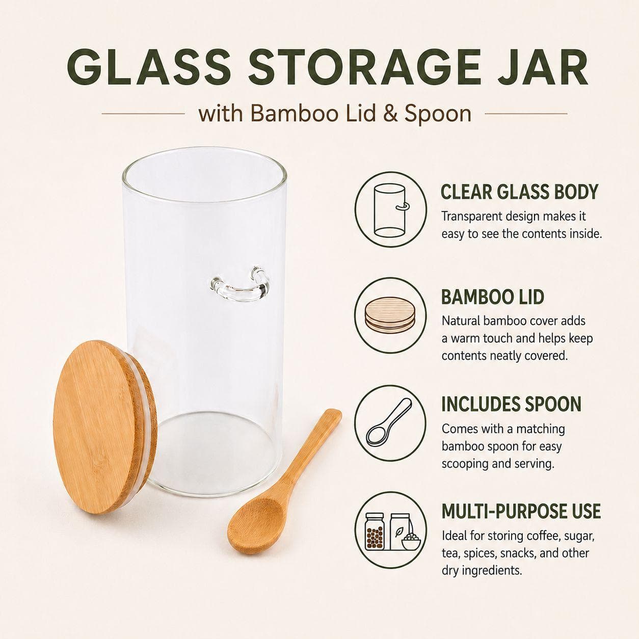 Clear Glass Airtight Storage Jar with Bamboo Lid and Wooden Spoon for Food and Spices – Size 8.5×18 cm

 3