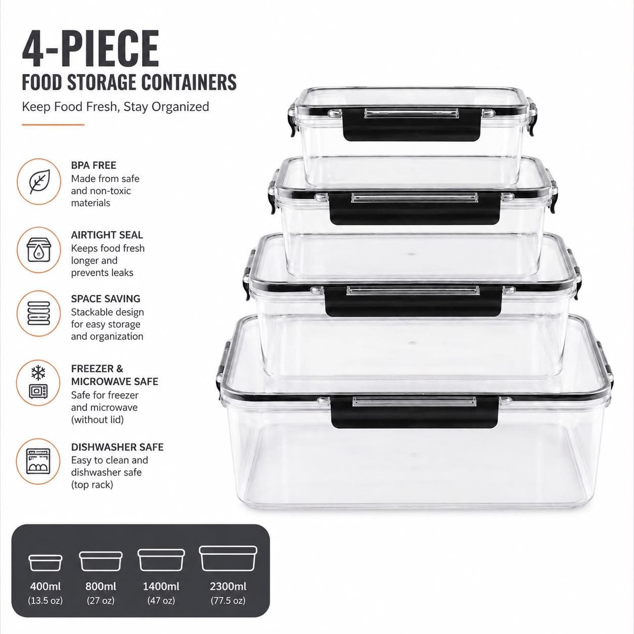 4 Piece Clear Food Storage Container Set with Side Lock 6