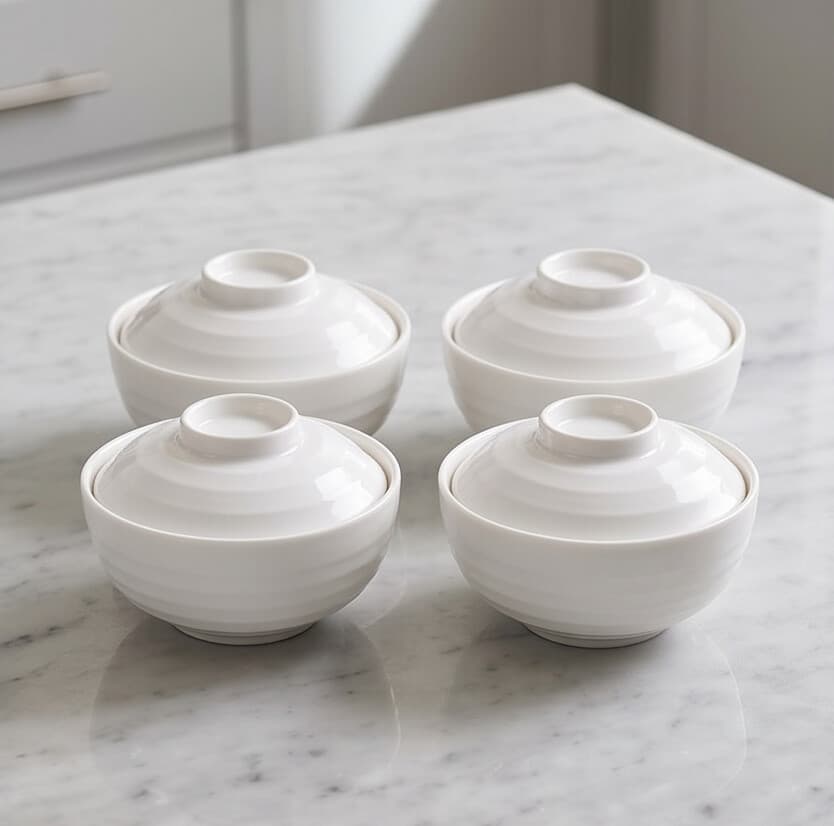 Luxury Melamine Serving Bowl with Ribbed Lid for Soups and Food in White Set of 4 Pieces – Size 15×9 cm

