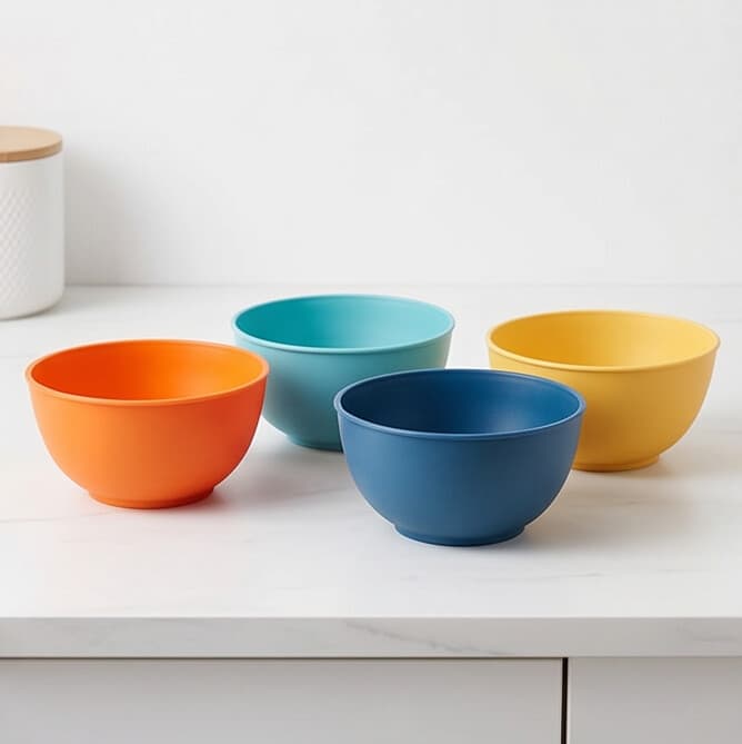 Plastic Bowls Set in Assorted Colors (Orange, Yellow, Dark Blue, Turquoise) Set of 4 Pieces

