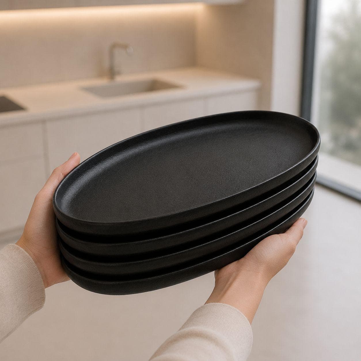 Black Melamine Oval Serving Dish for Appetizers and Side Dishes 27.6×15.3×3.4 cm

