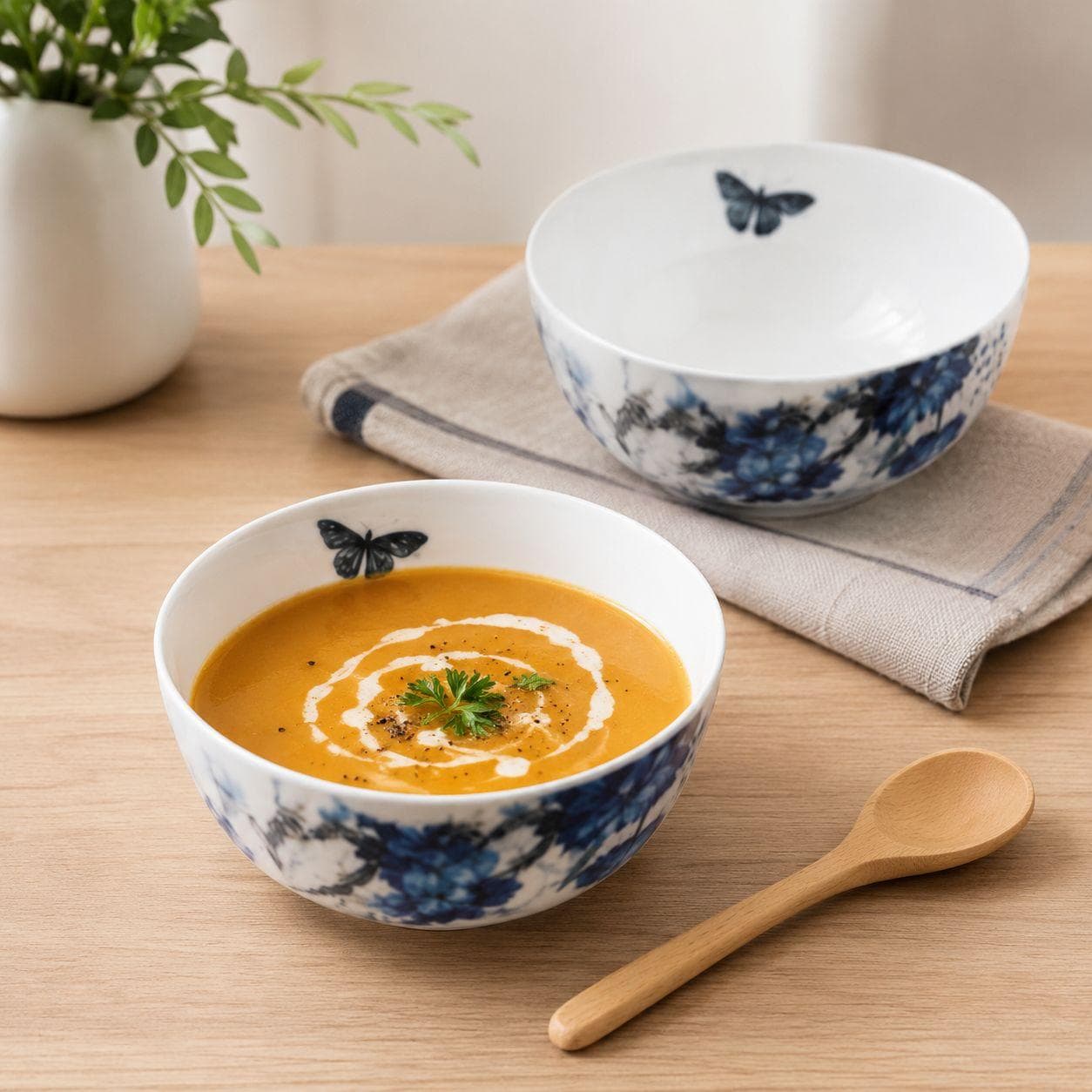 White Ceramic Bowl with Blue Flowers and Butterfly - 750 ml 2