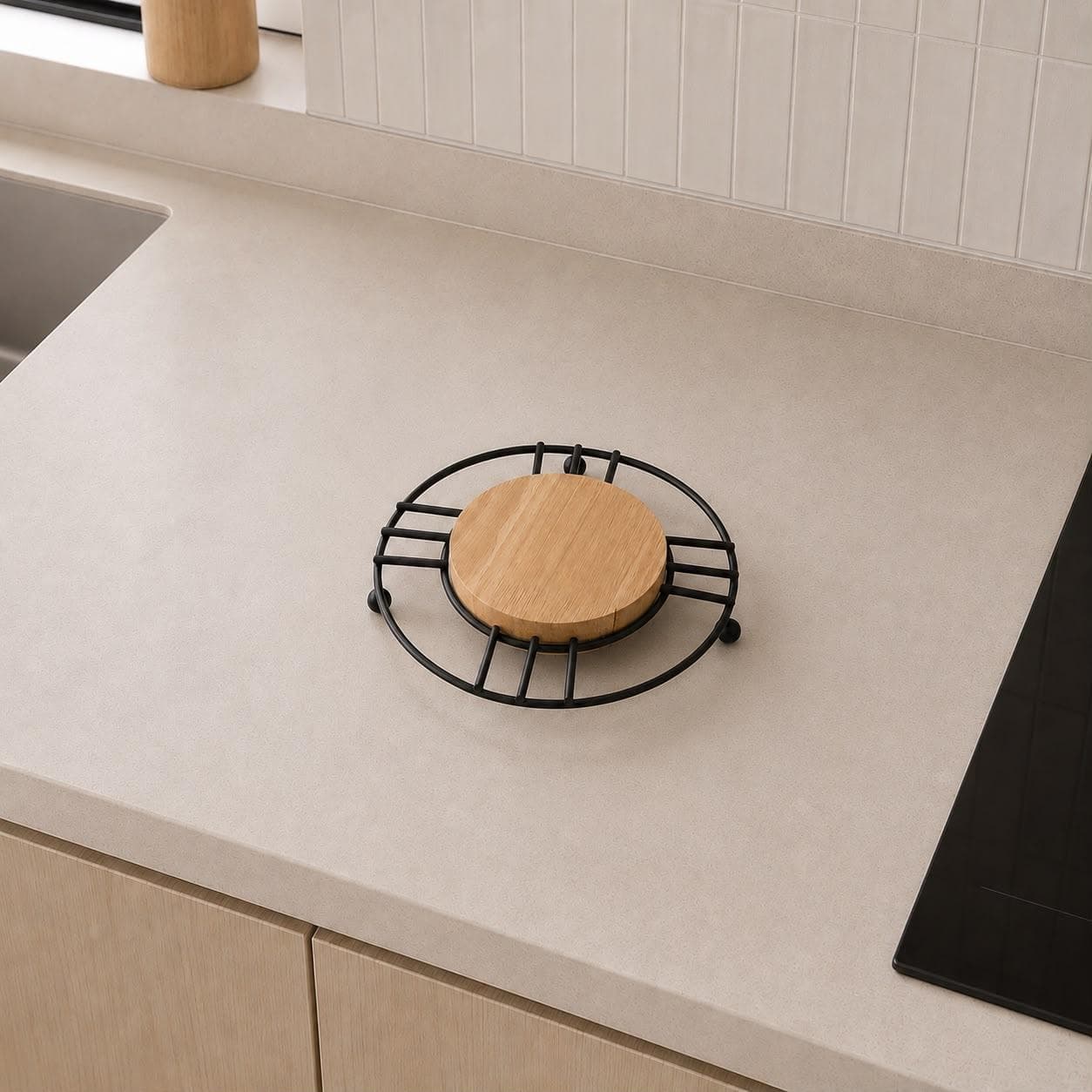 Round Metal Hot Pot Trivet with Wooden Base - Black 2