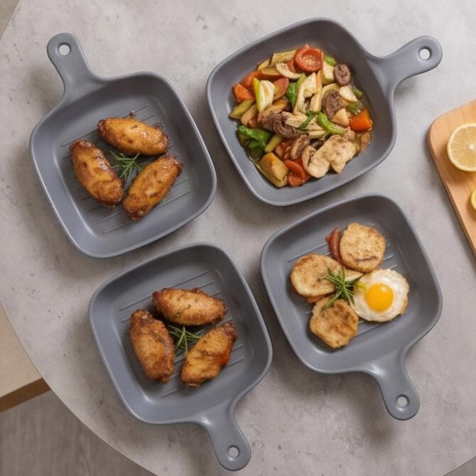 Luxury Cutting Board Style Melamine Serving Tray with Long Handle in Gray Set of 4 Pieces – Size 26.5×19×4 cm



 2