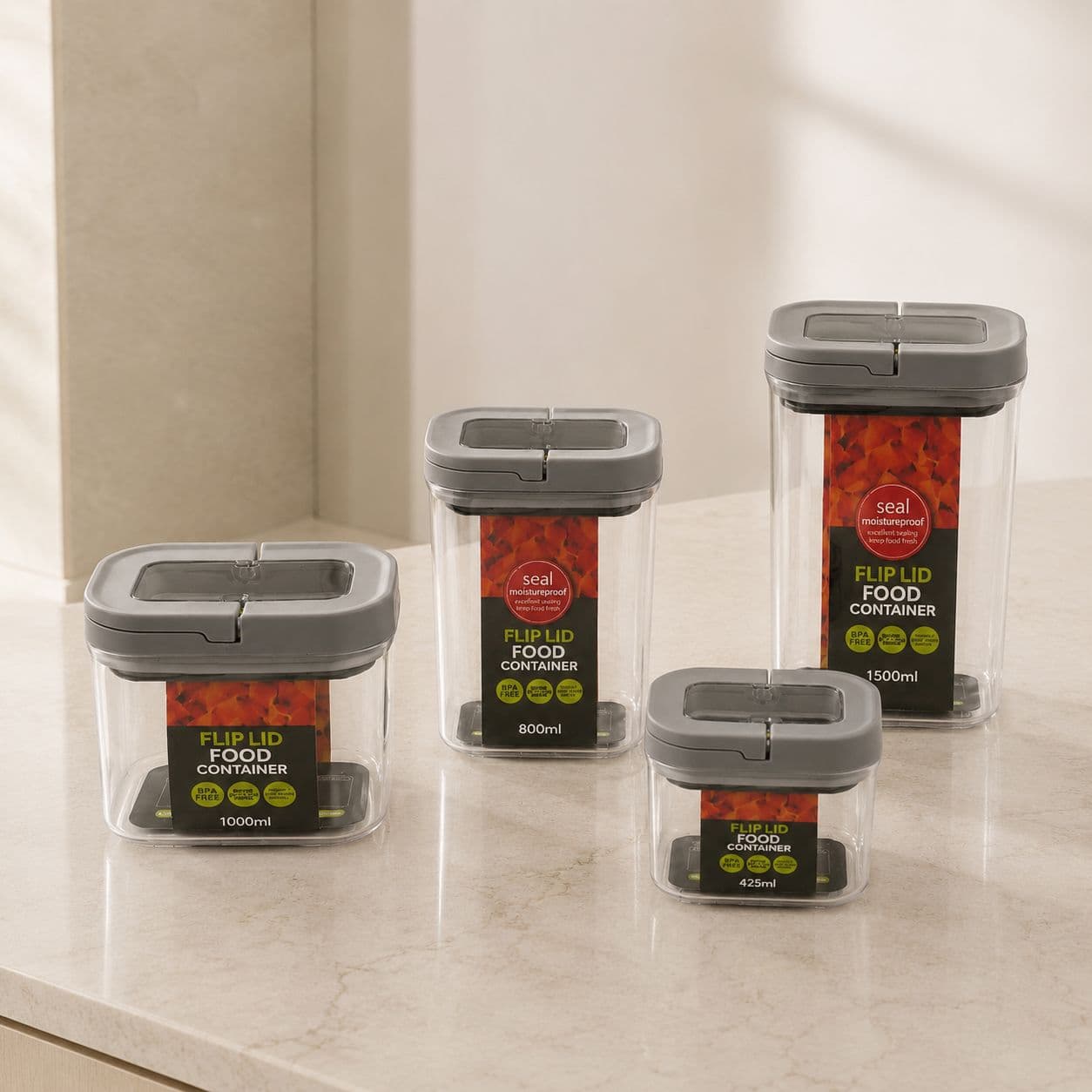 Airtight Food Storage Container Set - 4 Pieces, Assorted Sizes - Gray 1