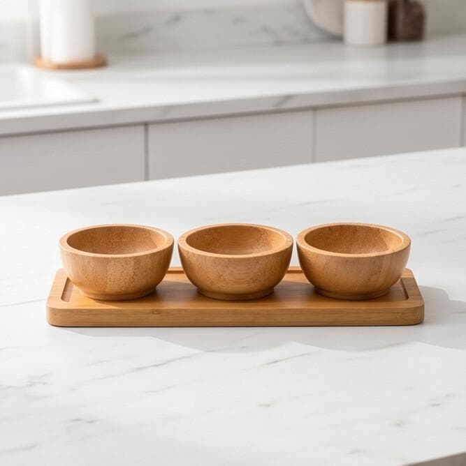 Bamboo Round Serving Bowl Set with Tray - 3 Pcs