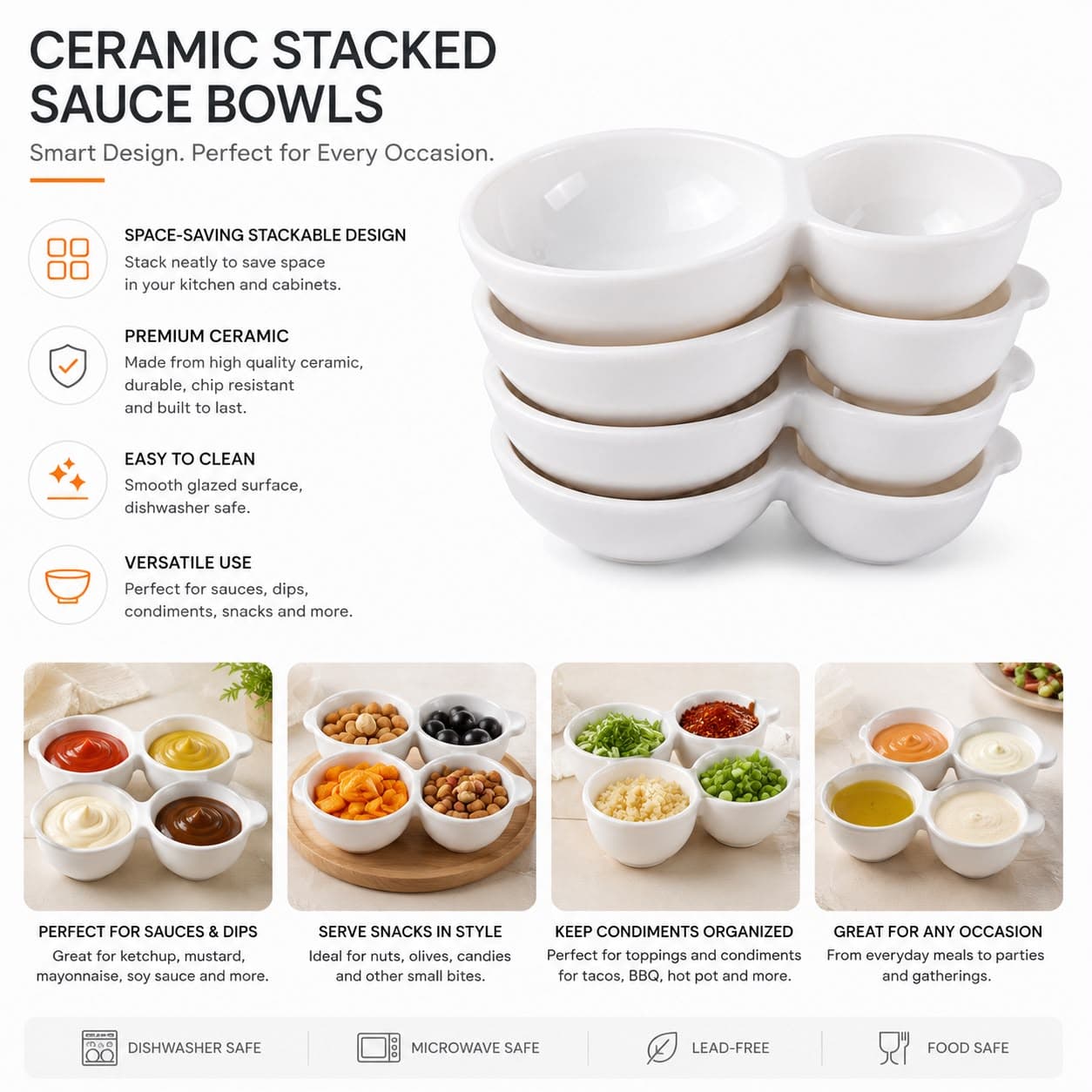 White Dual-Compartment Serving Dish Set 6