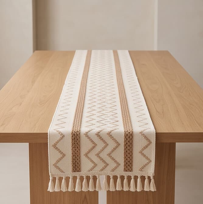 Cotton & Linen Table Runner with Zigzag Pattern and Tassels Size 30×150 cm
