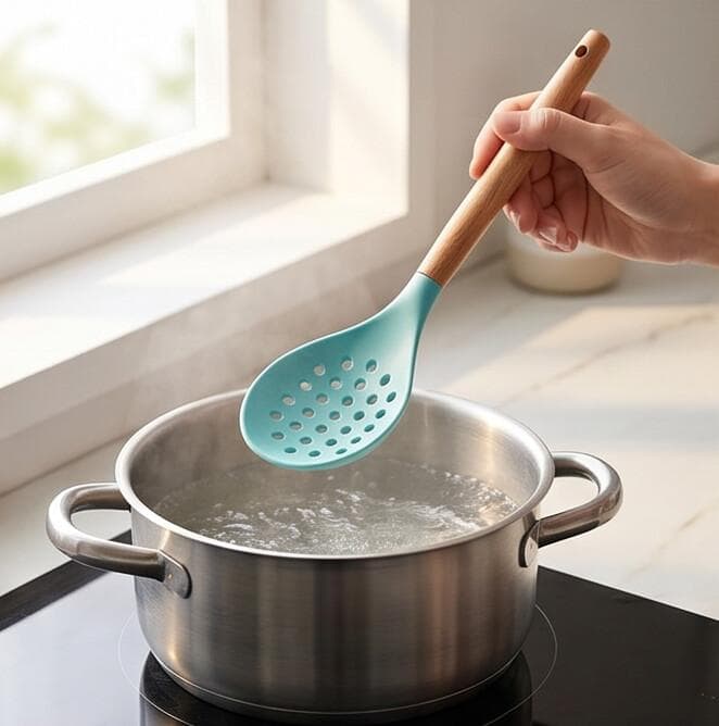 Silicone Strainer Spoon with Wooden Handle (32×8.5 cm) - Sky Blue 2