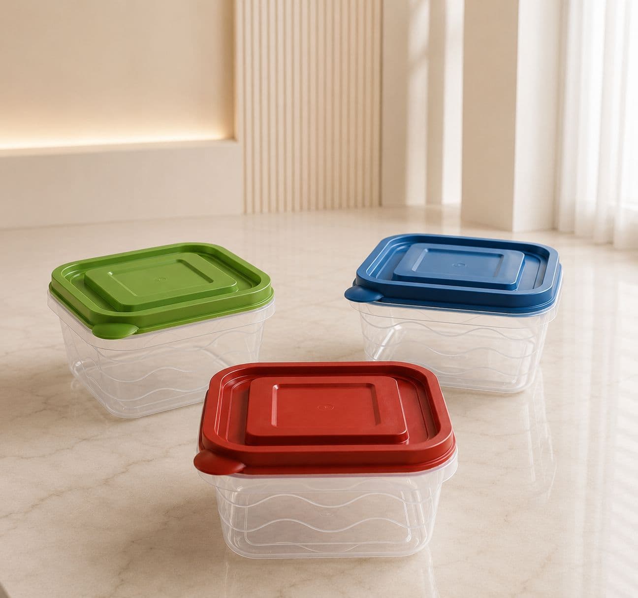 Clear Plastic Food Storage Container Set with Colored Lids (3 Pieces)
