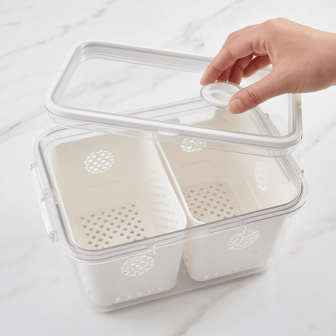 Clear 2-Compartment Food Storage Container with Foldable Carry Handle and Drain Tray