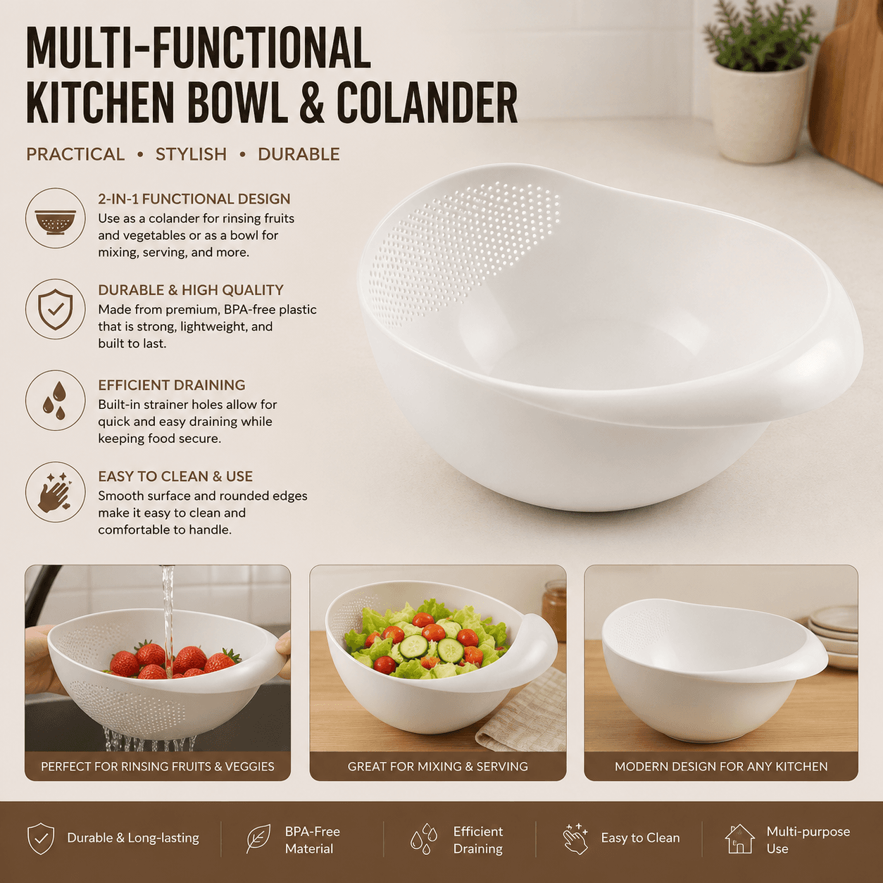 Plastic Rice and Vegetable Washing Bowl with Drain Holes 5