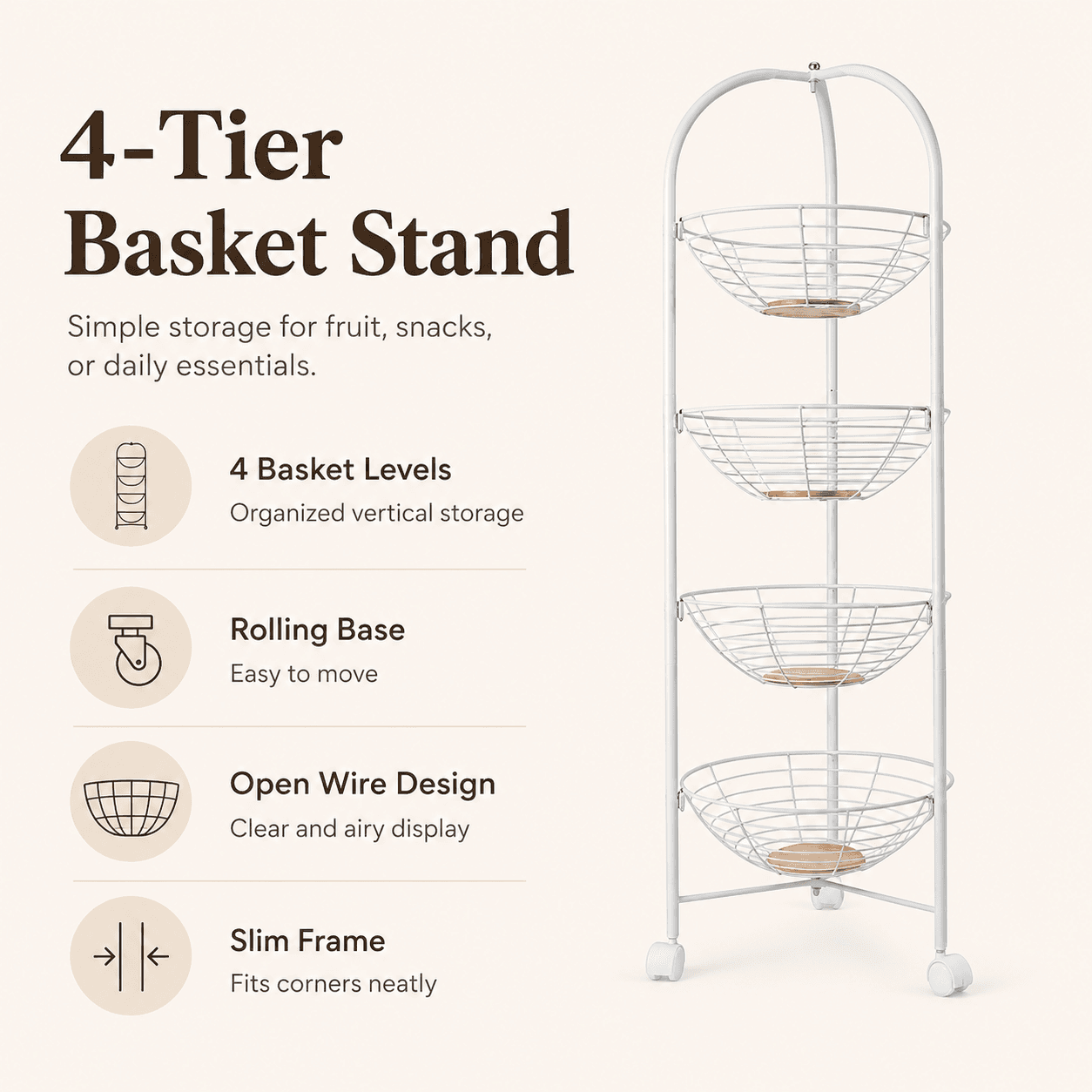 Metal Storage Cart with Four Tiers and Wheels - White 6
