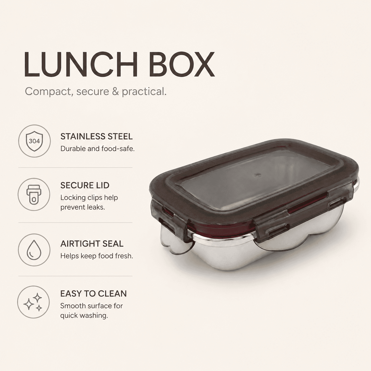 Rectangular Stainless Steel 304 Food Storage Container - 220 ML 6