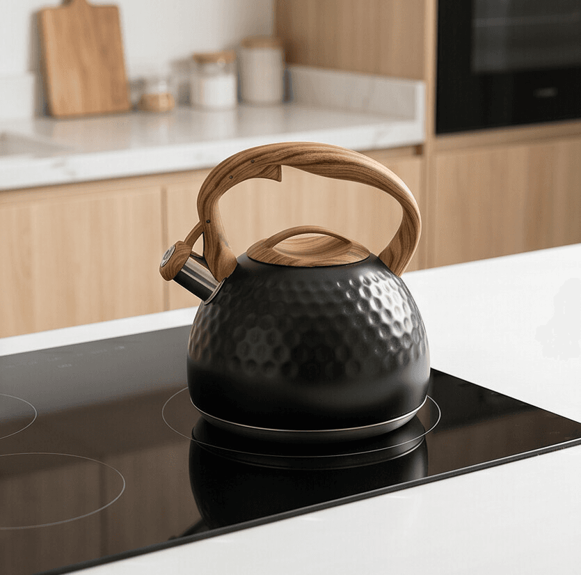 Black Water Kettle with Elegant Wooden Handle 3