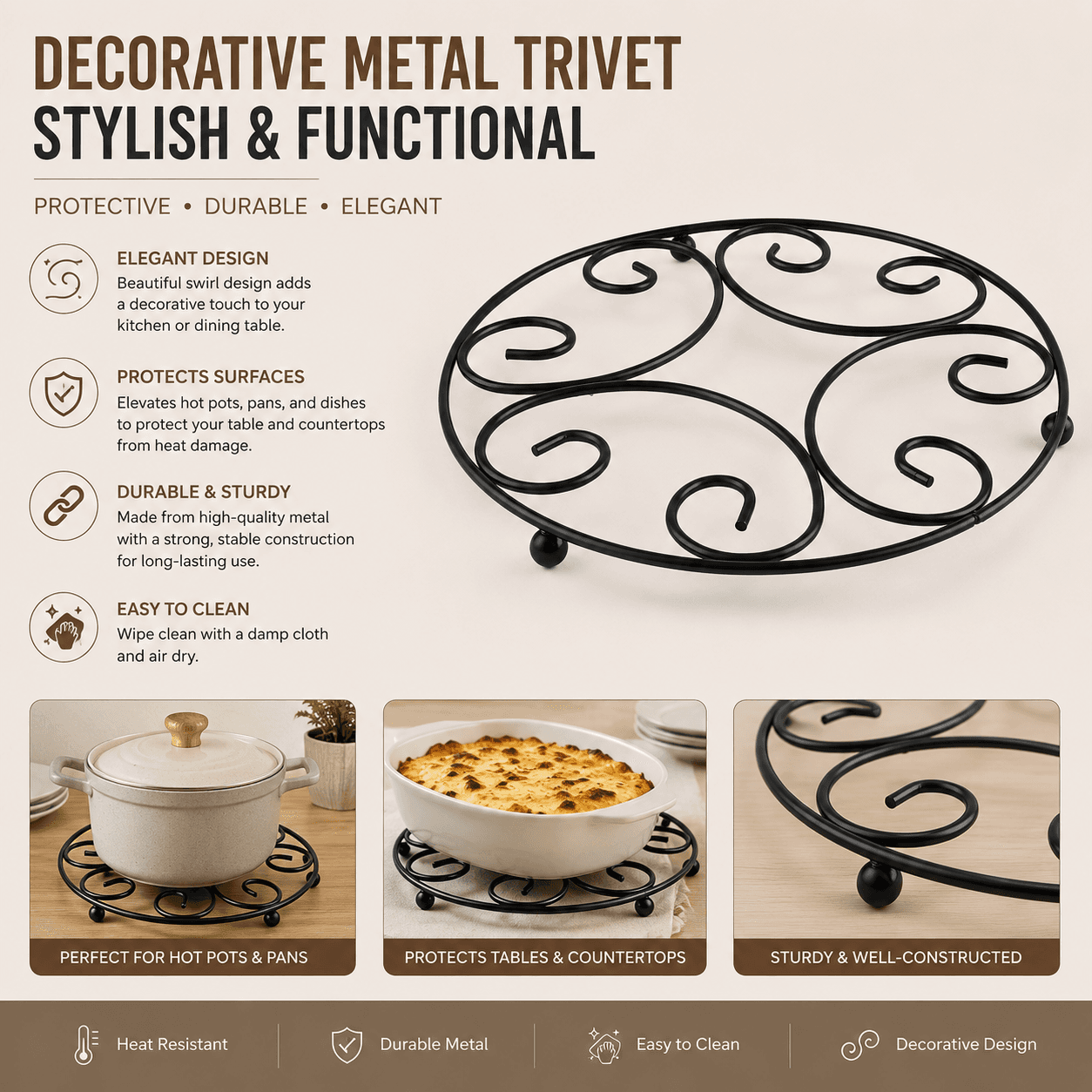 Round Metal Trivet Pot Mat Black 5