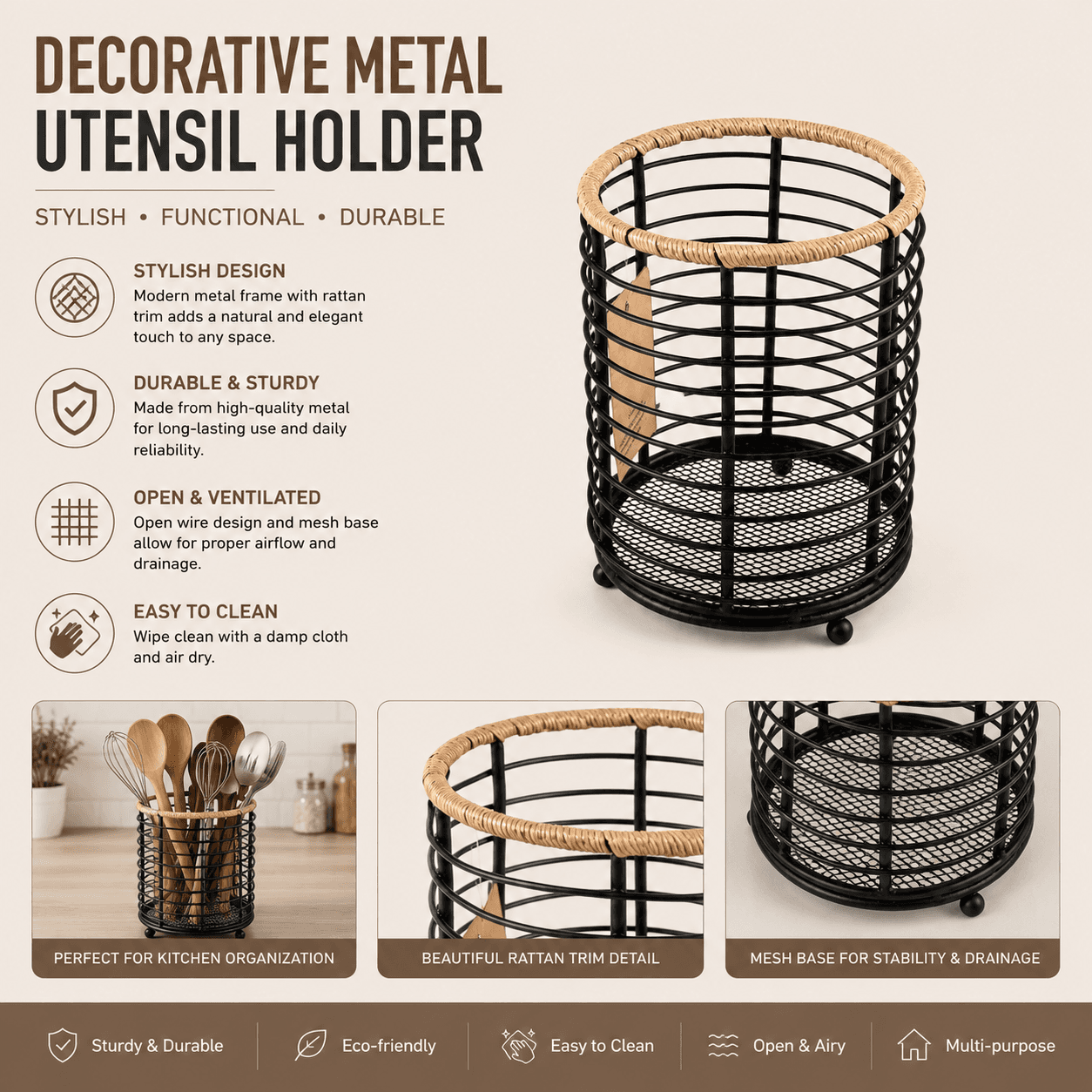 Cylindrical Metal Cutlery Holder with Rope Rim Black 7