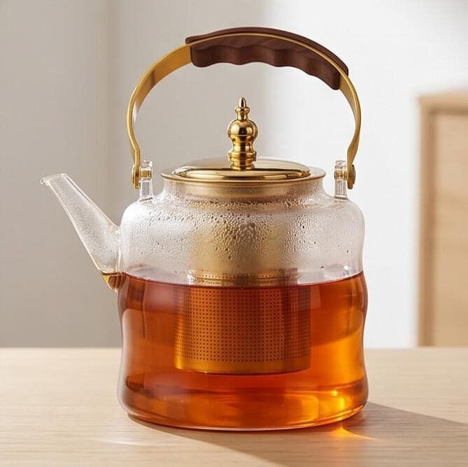 Luxury Glass Teapot with Golden Wooden Handle – 8×10CM