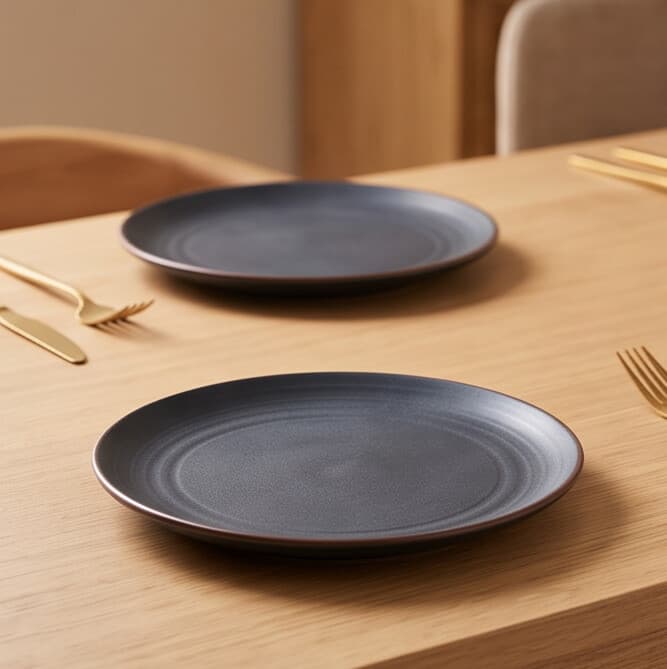 Matte Gray-Blue Porcelain Plate with Brown Rim 6