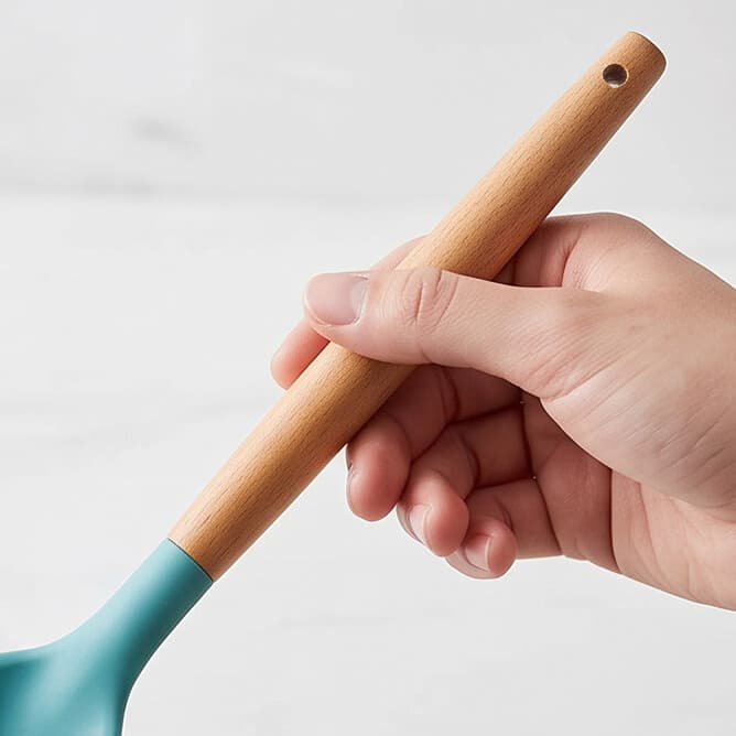 Slotted Silicone Serving Spoon with Wooden Handle (32×6.5 cm) - Sky Blue 1