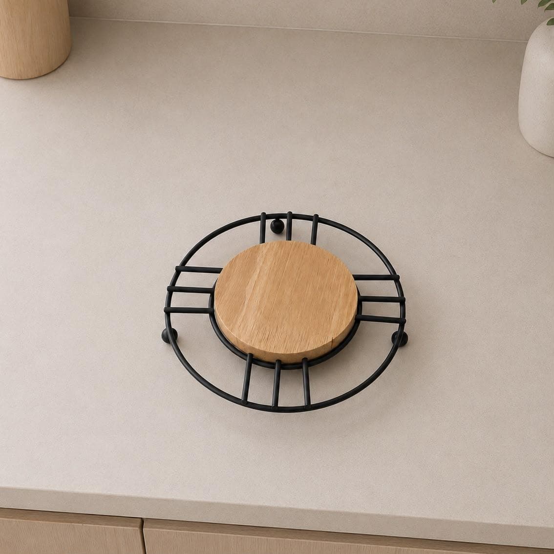 Round Metal Hot Pot Trivet with Wooden Base - Black 3