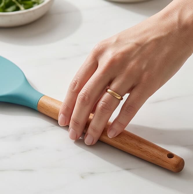Slotted Silicone Serving Spoon with Wooden Handle (31.5×6.5 cm) - Sky Blue 1