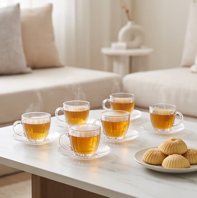 Ribbed Glass Coffee Cup & Saucer Set (6 Pieces) 5