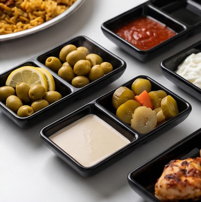 Luxury Black Melamine Serving Dish with Two Separate Compartments for Two Different Items in One Plate – Size 13×6.5×2.5 cm

